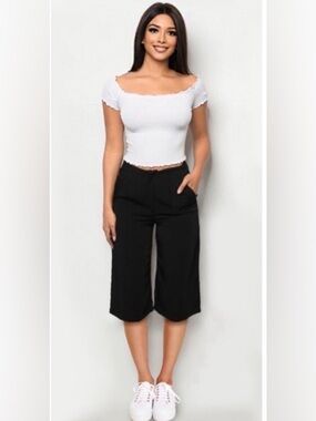 New Women's Cropped Culotte Everyday Spring Summer Black Pants Capri Bottoms